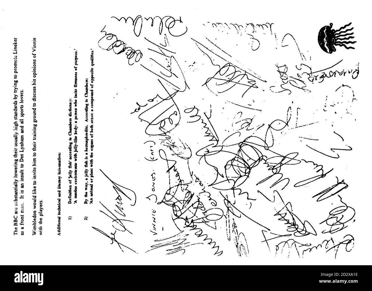 La seconda pagina del comunicato pubblicato oggi (Martedì) da Wimbledon Football Club, e firmato da tutti i loro giocatori, Rispondendo in termini grafici all'intervista con Gary Lineker nella rivista radio Times di questa settimana in cui ha decimato l'abilità di Wimbledon di Vinnie Jones come giocatore e lo ha descritto come "una personalità auto-iped che non è un buon giocatore e nessun beneficio per il gioco". Nella dichiarazione, il club paragona Lineker ad una medusa senza personalità, un vigliacco bagnato e un perdente. Vedi PA Story sport Lineker/PA. Foto Stock