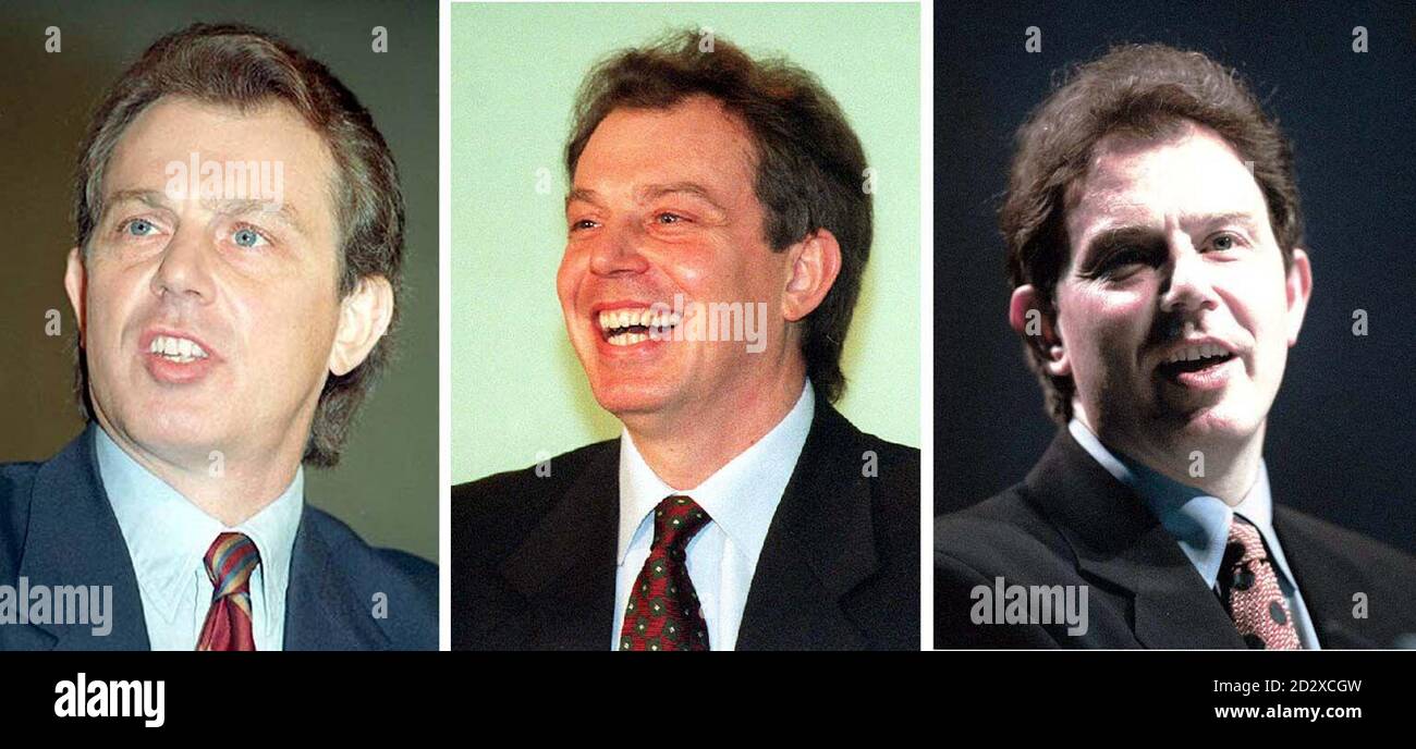 Una selezione di immagini della biblioteca datate 30.9.3 (L), 12.5.95 (C), e 28.1.95 (R) del leader laburista Tony Blair. Un giornale nazionale ha riferito oggi (mercoledì) che Blair aveva appiattito il suo bouffant hairstyle dopo che i gruppi di fuoco del partito laburista hanno identificato lo stile come una spiegazione per la sua relativa impopolarità con le donne.UN portavoce dell'ufficio del sig. Blair ha negato stasera che il leader laburista stava facendo un nuovo e cosciente sforzo a Appello alle donne votanti: Continuerà a cercare di attirare gli elettori di tutte le fasce della popolazione, come ha fatto da quando è diventato leader. Foto di PA NEWS. Vedere P. Foto Stock