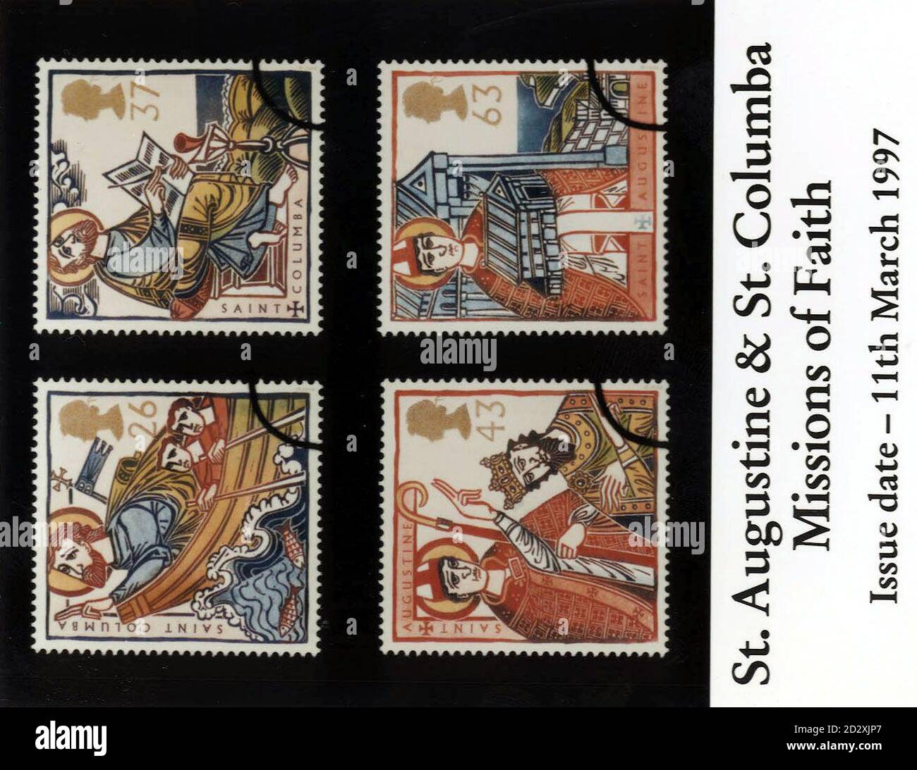 La posta reale emettera' una serie di francobolli speciali, 1400 anni dopo la morte di San Columba di Iona e l'arrivo di Sant'Agostino di Canterbury in Inghilterra, santi che ebbero una profonda influenza sulla diffusione del Cristianesimo in Gran Bretagna. I quattro francobolli, disponibili presso gli uffici postali dal marzo 11, sono progettati da Clare Melinsky utilizzando la tecnica del linocut. Columba è presente sul francobollo 26p First Class e sul valore 37p. Agostino si celebra sui valori 43p e 63p. FOTO DI PA. Foto Stock