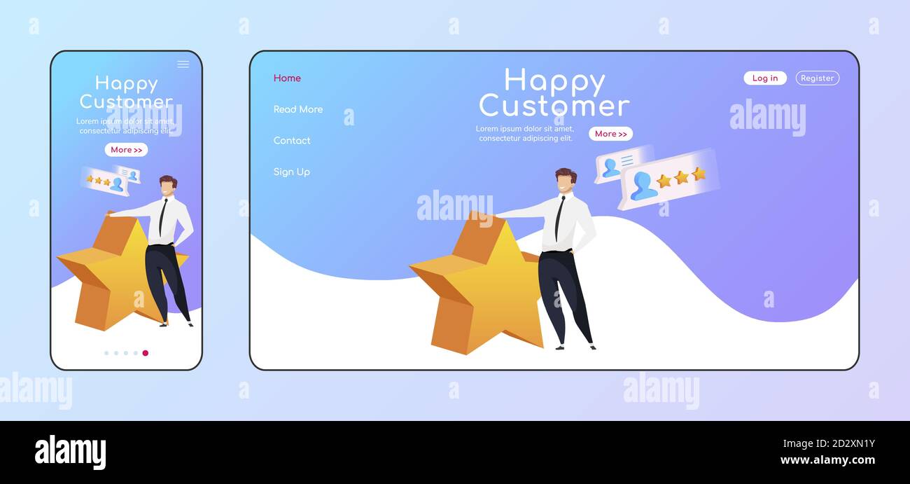 Modello vettoriale piatto a colori della pagina di destinazione adattabile per il cliente. Uomo sorridente con layout Star Mobile e home page PC. Alta valutazione UI sito web di una pagina Illustrazione Vettoriale