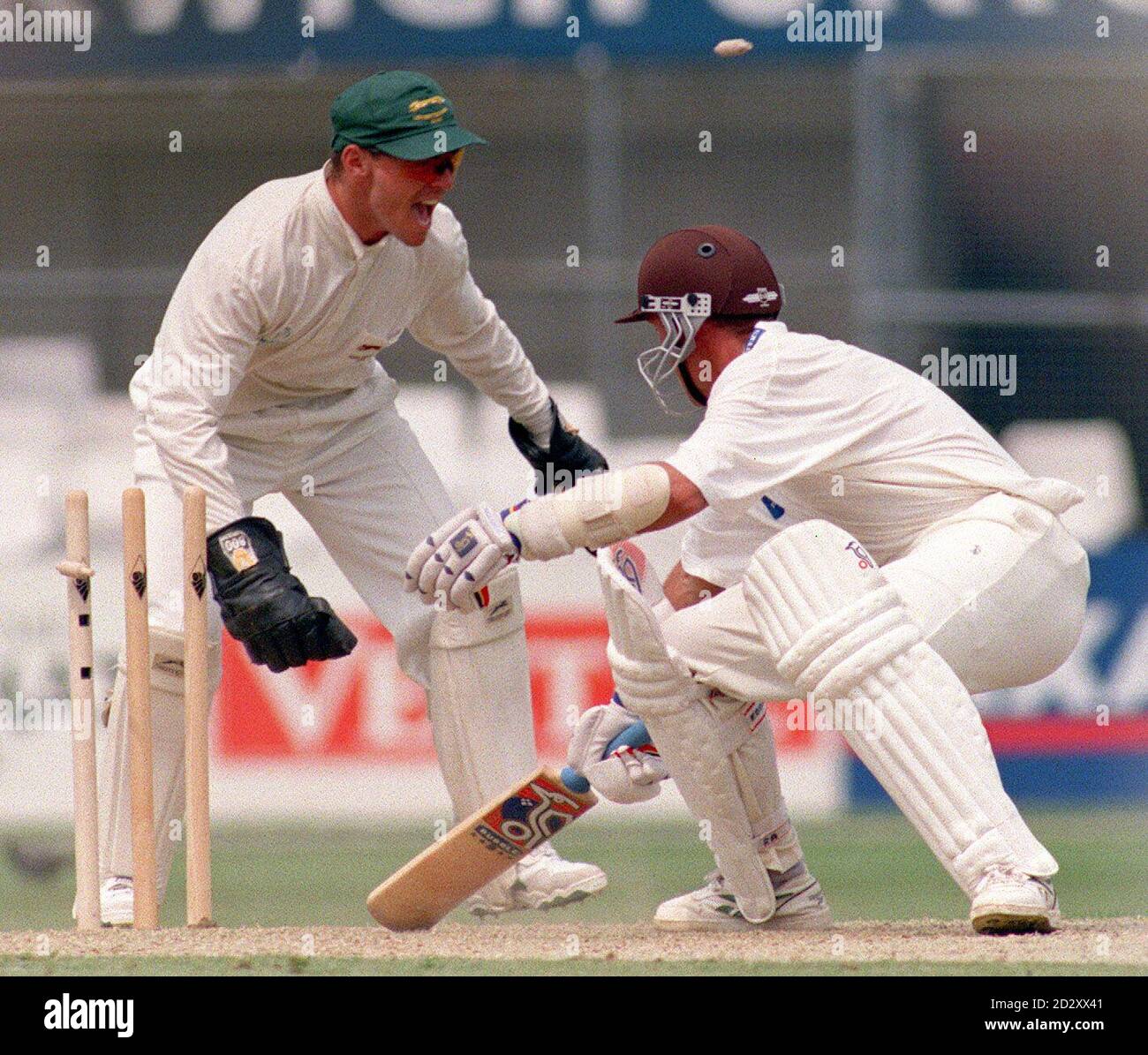 Il guardiano del wicket di Leicestershire, P Nixon, mostra la sua gioia mentre stompe Alec Stewart di Surrey per il 87 all'Oval questo pomeriggio (martedì). Le squadre si giocano a vicenda per vedere chi passerà alla finale di Benson e Hedges Cup. Foto di Tony Harris/PA. Foto Stock