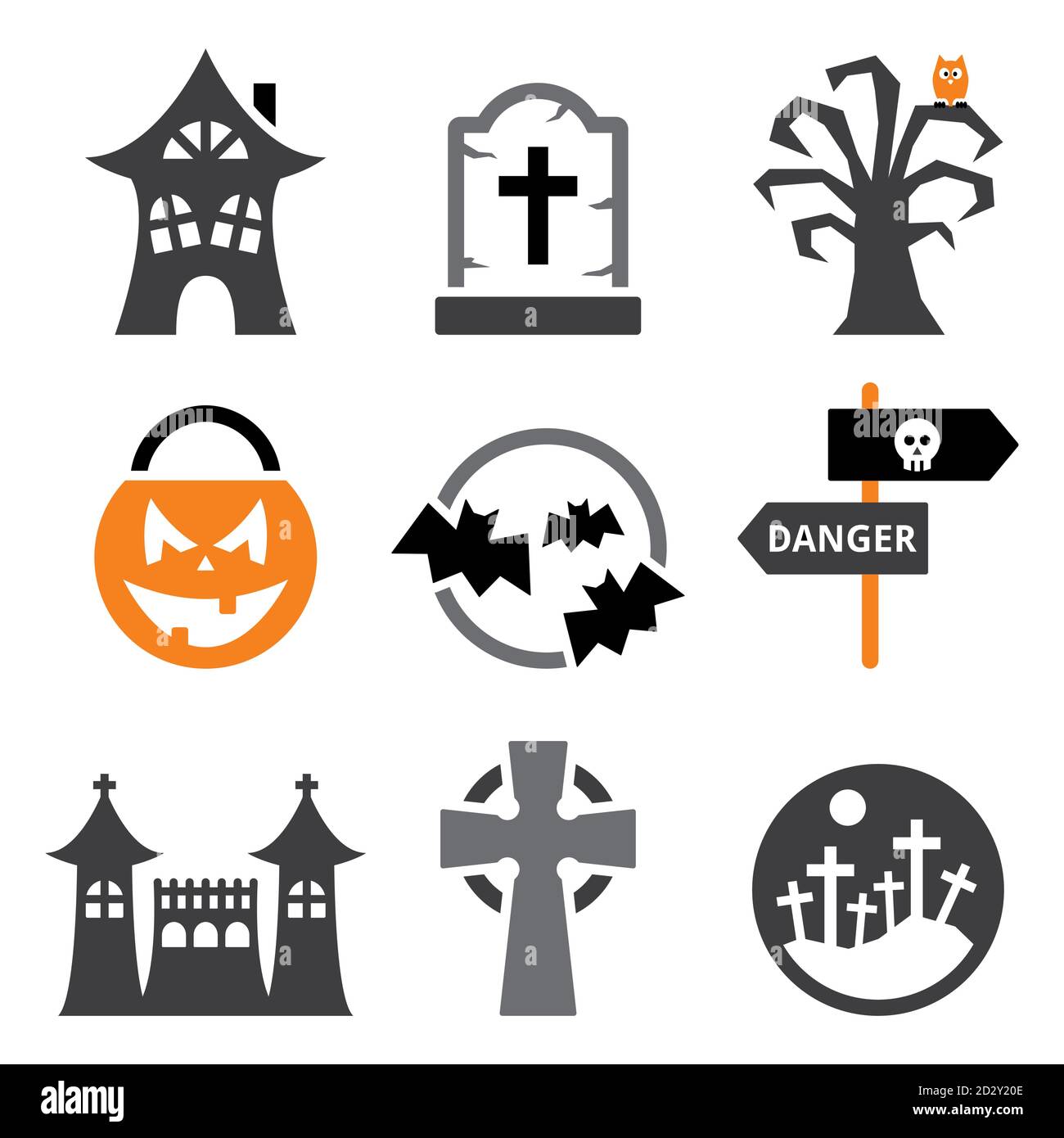 Insieme di icone vettoriali di Halloween - spaventoso pumpking, cimitero, pipistrelli e castello infestato Illustrazione Vettoriale