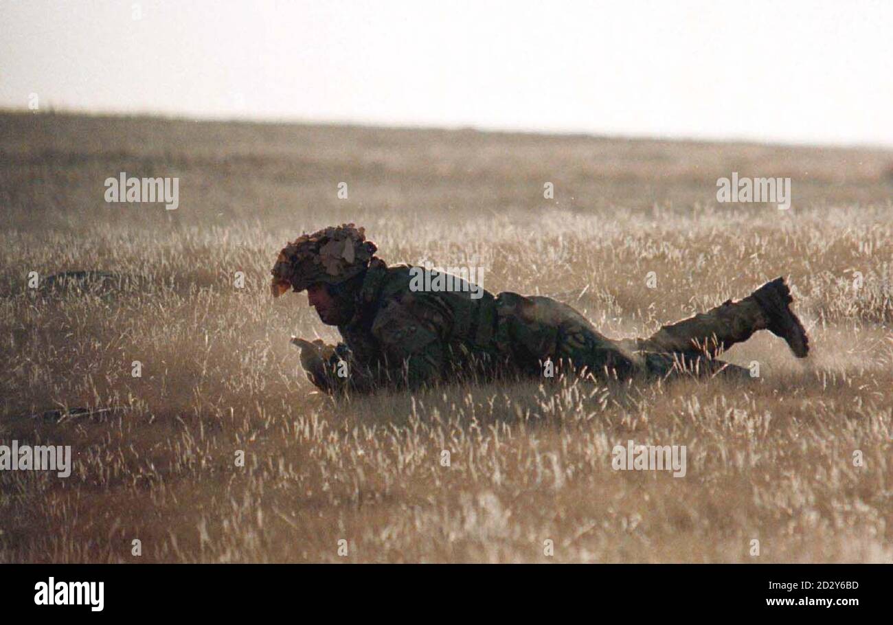 Un soldato inches il suo senso attraverso la prateria per evitare di essere avvistato nella luce dell'alba sulla cima di una collina a BATUS in Canada ieri (Martedì) come parte di Many Medicina di esercitazione. BATUS (British Army Training Unit Suffield) è il principale campo di addestramento dell'esercito per i conflitti ad alta intensità, con sede nei pressi di Medicine Hat, Alberta, Canada. Oltre 1000 truppe prendono parte all'uomo di Medicina di esercitazione - un'operazione di 22 giorni che consiste 10 giorni di fuoco vivo e 12 giorni di simulazione di impegno tattico usando le armi laser-sparando che registrano un allarme 'kill' quando un obiettivo è colpito. Foto di ben Curtis/PA. Foto Stock