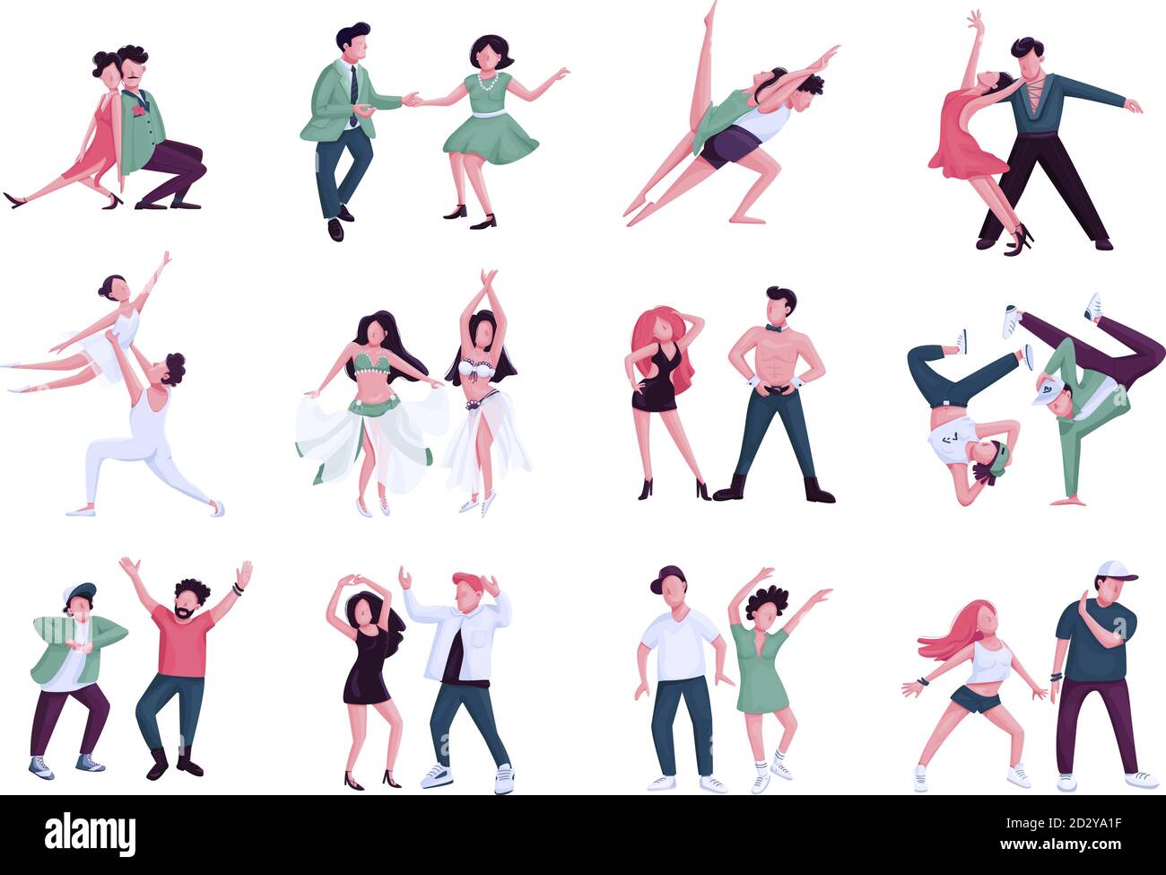 Set di caratteri vettoriali a colori piatti per danza partner senza volto. Tango, rumba, contemporaneo di artisti maschili e femminili. Persone che ballano in nightclub isolato Illustrazione Vettoriale
