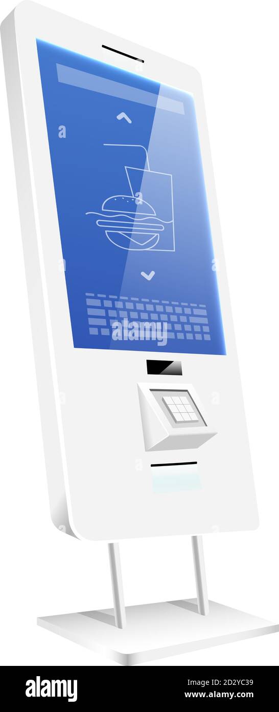 Contatore digitale per alimenti con display a sensore, illustrazione vettoriale realistica. Oggetto a colori piatti per chioschi automatici interattivi. Costruzione di auto-ordine in linea Illustrazione Vettoriale