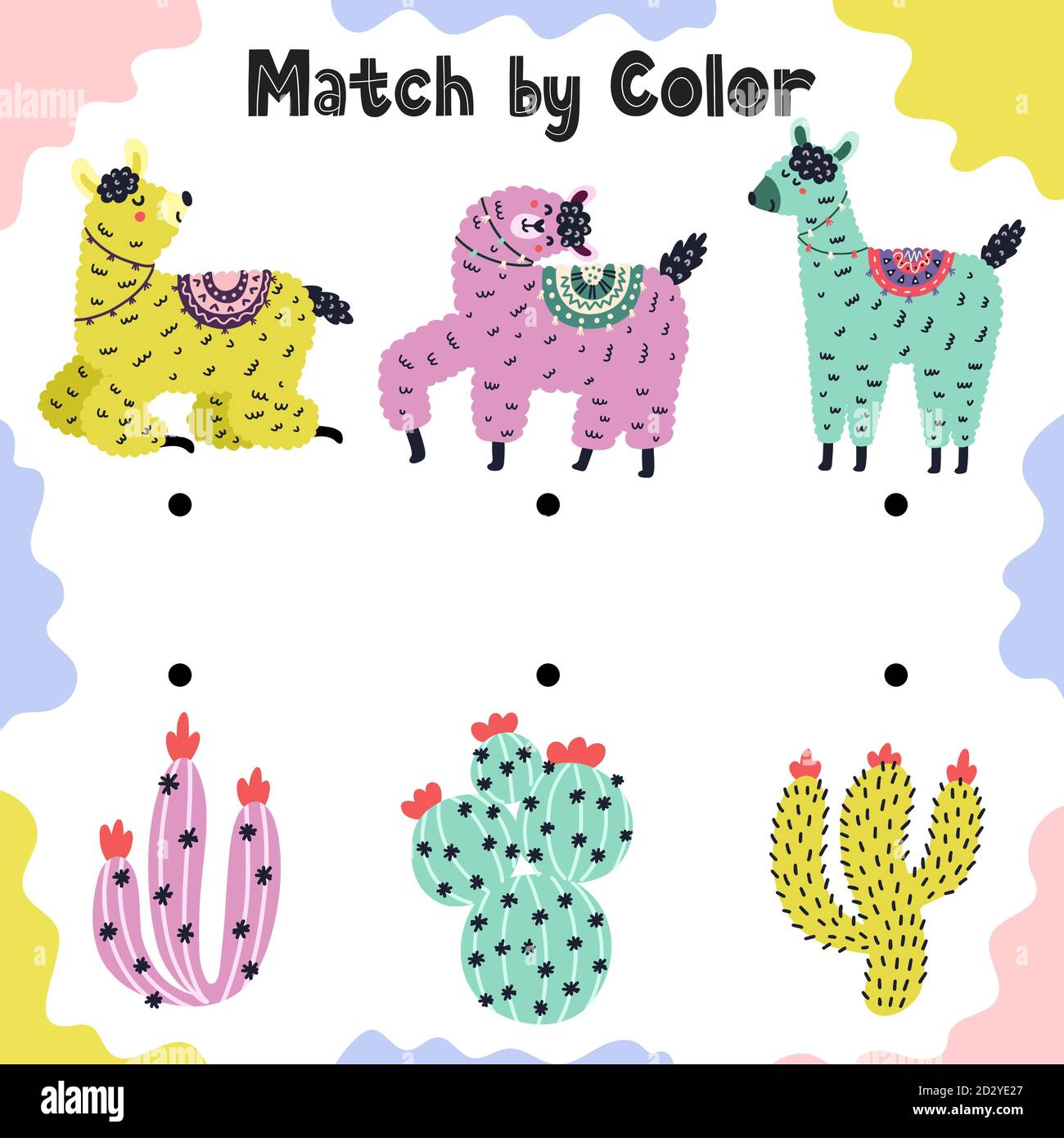 Abbina i llama ai cactus per colore. Gioco educativo di smistamento attività per i bambini Illustrazione Vettoriale