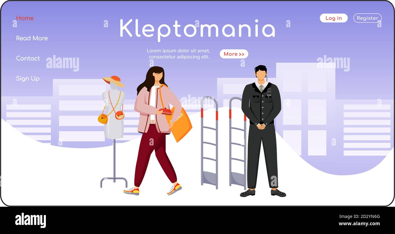 Modello vettoriale a colori piatto della landing page di Kleptomania. Taccheggio. Furto del negozio. Attività criminale. Layout della home page. Un'interfaccia di Web site di pagina con Illustrazione Vettoriale