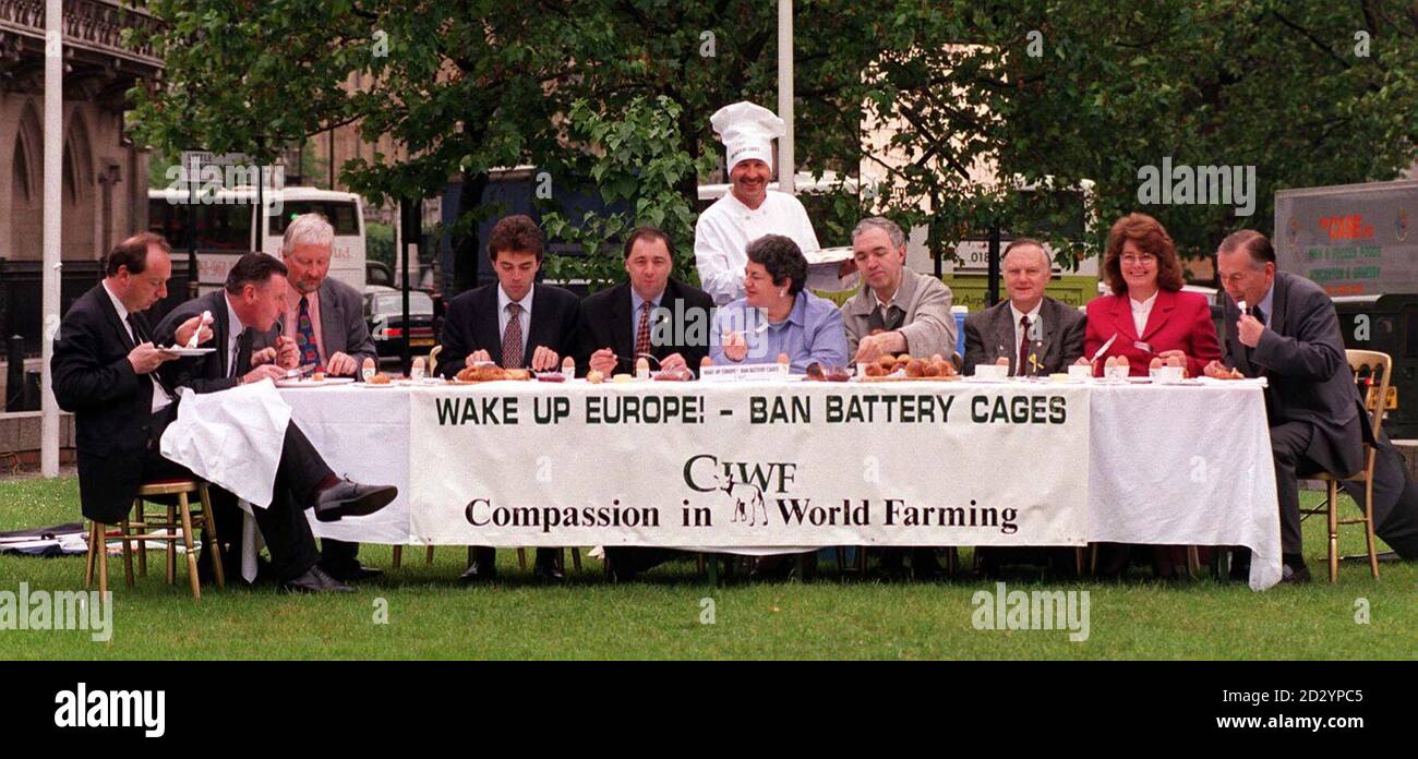 Gli MPS si trasformano in uova biologiche a gamma libera per la colazione, preparate dallo chef John Callaghan, al QEII Center di Westminster Today (Mer), mentre i parlamentari di tutte le parti sostenevano la campagna della compassione in World Farming per porre fine al sistema di gabbia a batteria per le galline. Da l a r: Norman Baker, Vernon Coaker, Nigel Jones, Roger Gale, Tom Brake, Ivor Caplin, Jackie Ballard, Nick Palmer, Bill Etherington, Jackie Lawrence, Peter Bottomley. Vedi PA storia POLITICA uova. Foto di Tony Harris/PA Foto Stock