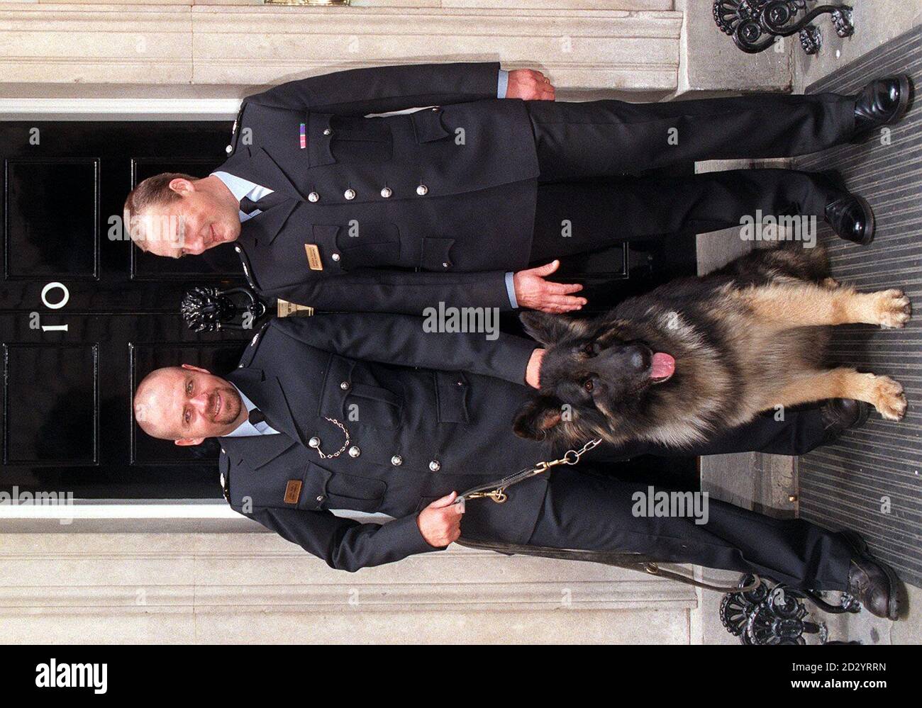 Fuori Downing Street polizia gestore cane Carl Eves (a sinistra) con PC Steven Eccles e il cane della polizia Caesar, uno dei candidati per il giornale Sun / polizia Federation coraggioso premi, prima di questa sera (Giovedi) cerimonia di premiazione. Guarda la storia di PA. Foto di ben Curtis/PA. Foto Stock