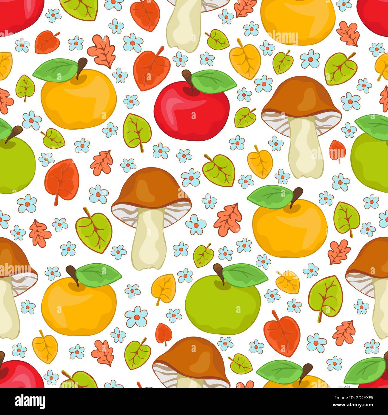 Mele rosse, verdi e gialle, funghi e foglie senza giunture, disegno a mano cartoon, sfondo autunno colorato. Per la progettazione di tessuti, tessuti Illustrazione Vettoriale