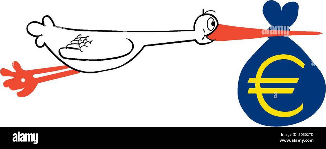 Ora sappiamo da dove è nata la moneta unica: La tempesta la ha portata. Dopo mesi di studio a Bruxelles è stata scelta la cicogna - simbolo della nascita nel tempo - per segnare l'emergere dell'euro. La Commissione europea ha pagato 35,000 euro per quello che un funzionario chiamava "materiale promozionale relativo alla tork”, la maggior parte di esso a un cartoonista danese che ha attirato la creatura che volava verso est con quella che sembra essere un sacco di monete in euro nel suo becco. Vedere la storia di PA EU Euro. Foto Stock