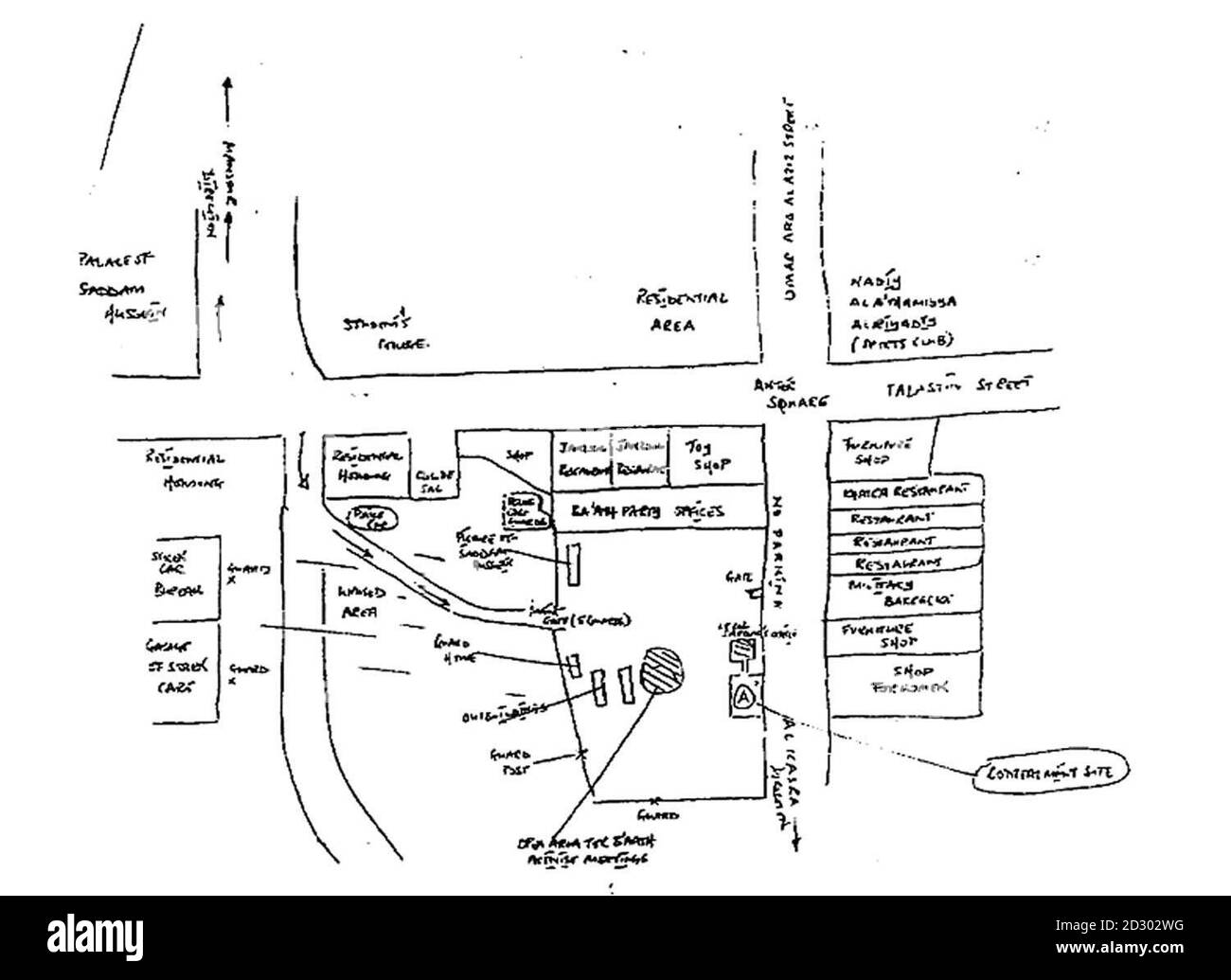 La mappa handrawn rilasciata da Downing St. Stasera (Mercoledì) che mostra l'area circostante Bà ath party officies a Baghdad. Sul lato destro dell'edificio di fronte alla strada che mostra la casella contrassegnata con 'A' è etichettato 'luogo di Concealment' Foto Stock