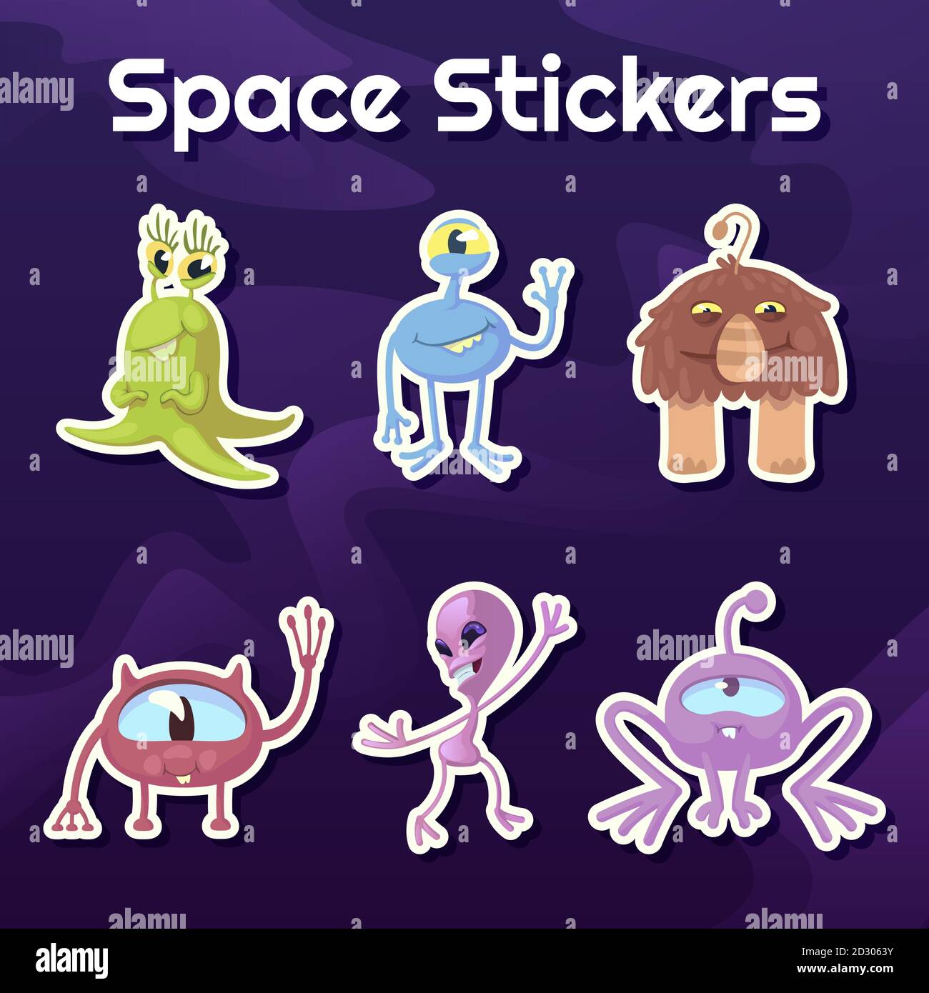 Alieni, fantastica creature cartoni animati vettore illustrazioni kit. Cute extraterrestri, animali marziali e mitici. Pronto per l'uso con fumetti 2d Illustrazione Vettoriale