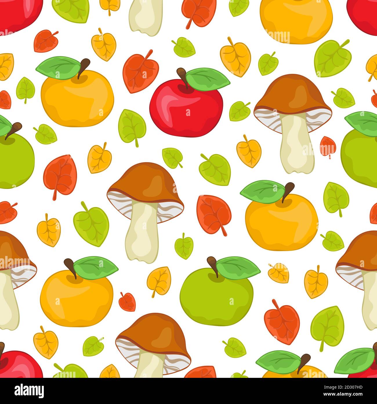 Mele rosse, verdi e gialle, funghi e foglie senza giunture, disegno a mano cartoon, sfondo autunno colorato. Per la progettazione di tessuti, tessuti Illustrazione Vettoriale