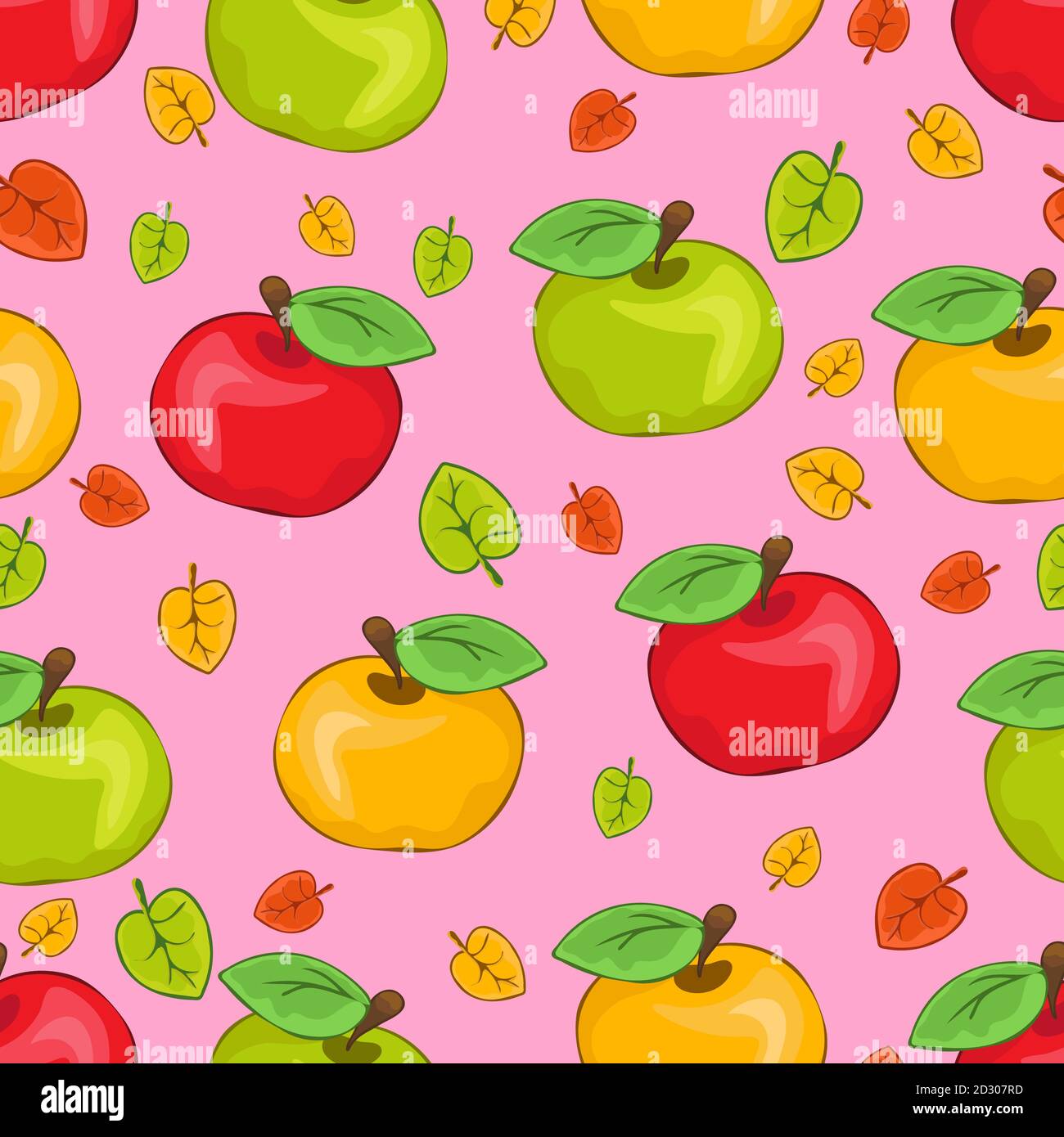 Mele dipinte di rosso, giallo e verde e foglie multicolore, frutta succosa colorata su sfondo rosa. Per il design del tessuto, stampe luminose, carino Illustrazione Vettoriale