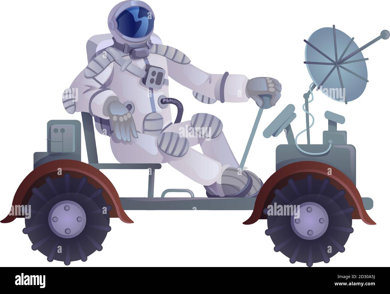 Cosmonaut in lunare rover flat cartoon illustrazione vettoriale. Astronauta alla guida della moon rover. Modello di caratteri 2d pronto all'uso per l'animazione commerciale Illustrazione Vettoriale