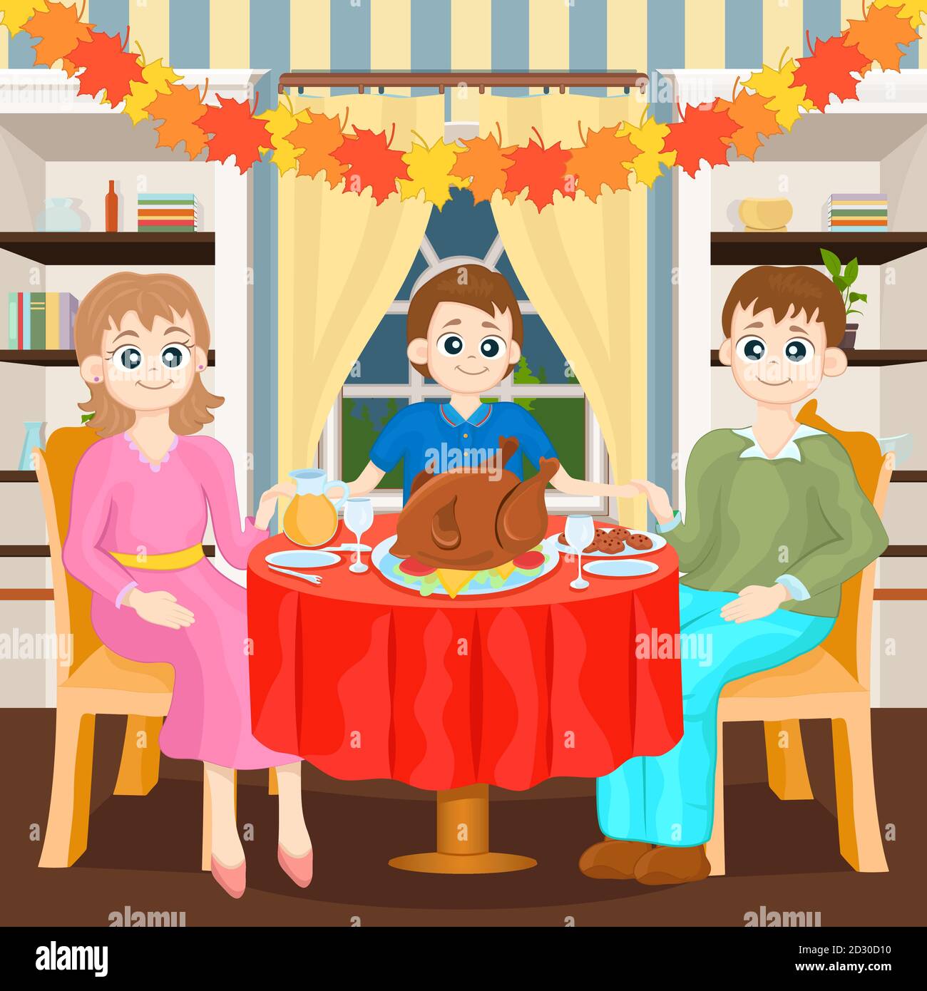 Cena di gala per la famiglia del Ringraziamento, colorato disegno a mano di cartoni animati. Mamma, papà e figlio sono seduti dietro un tavolo coperto di delizie festive e tacchino Illustrazione Vettoriale