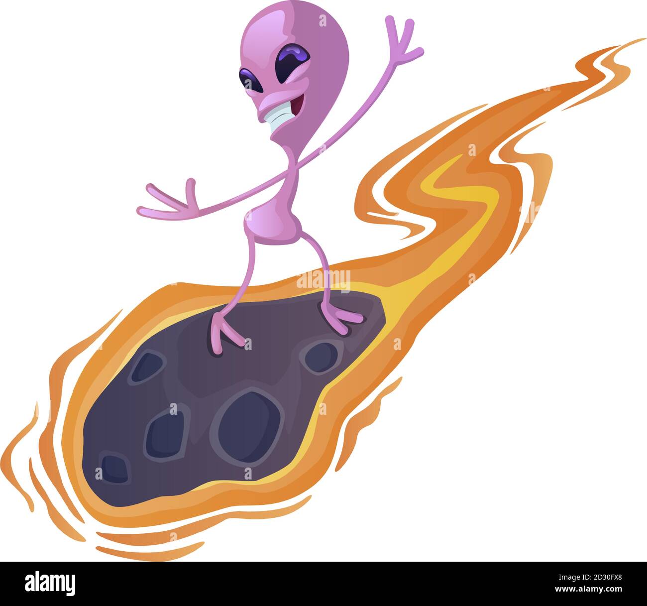 Alieno su meteorite piatto cartoon illustrazione vettoriale. Divertente extraterrestre, volare marziano. Modello di caratteri 2d pronto all'uso per uso commerciale Illustrazione Vettoriale