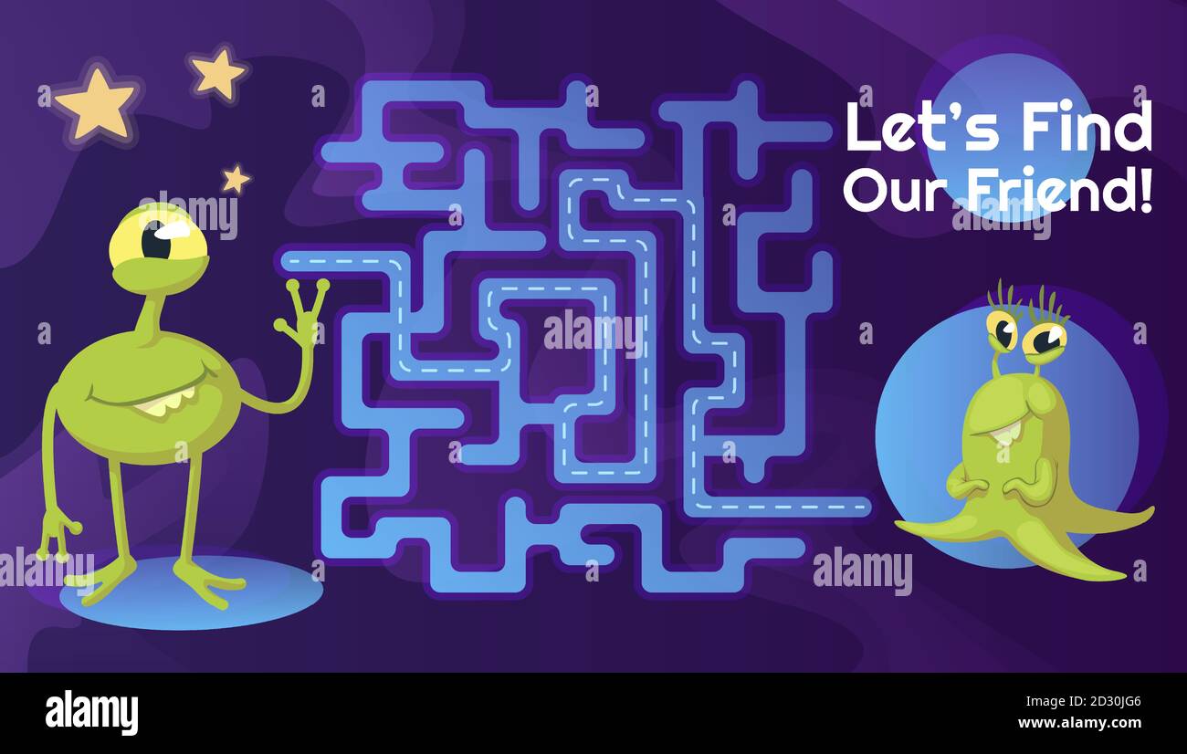 Aliens amico labirinto con modello di personaggio cartoon. Cute extraterrestre trovare labirinto percorso con soluzione per il gioco educativo bambini. Infantile Illustrazione Vettoriale