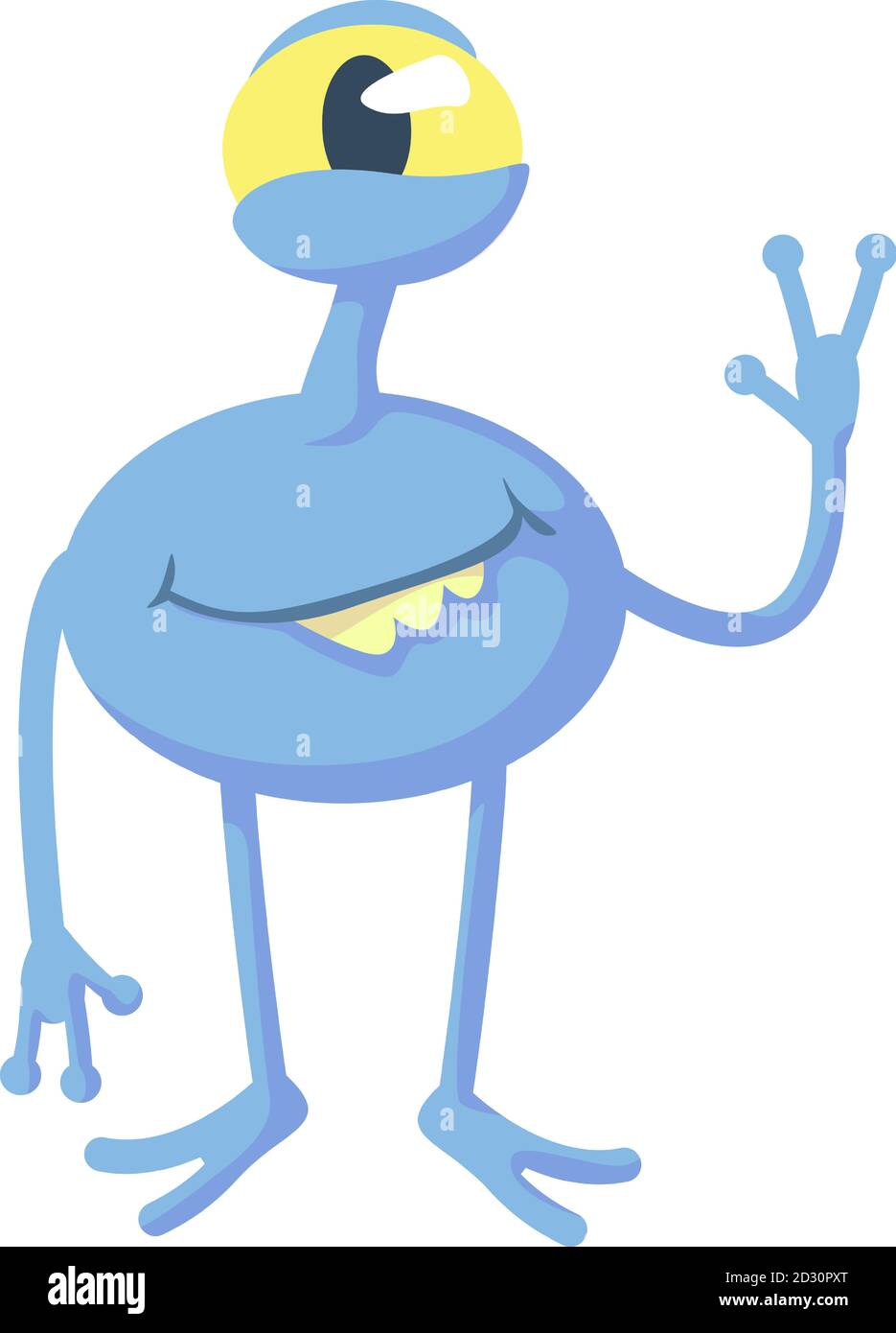Illustrazione vettoriale di un fumetto alieno blu sorridente. Cute extraterrestre, creatura fantastica. Modello di caratteri 2d pronto all'uso per uso commerciale Illustrazione Vettoriale