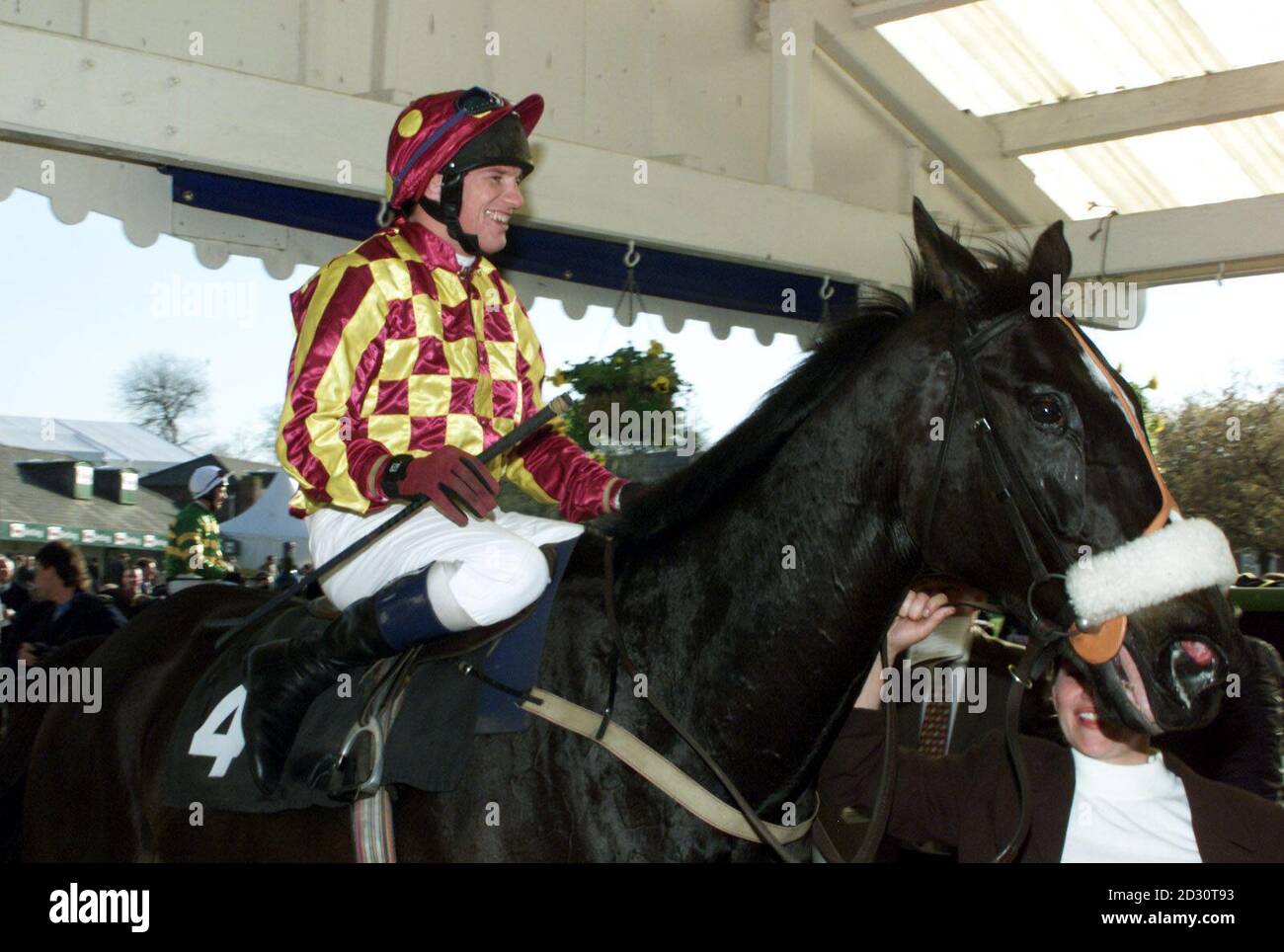 Jockey M. Fitzgerald, vincitore di gara 7 , The Barton and Guestier Hhandicap Race, su ' Ross Moff', ad Aintree. Foto Stock