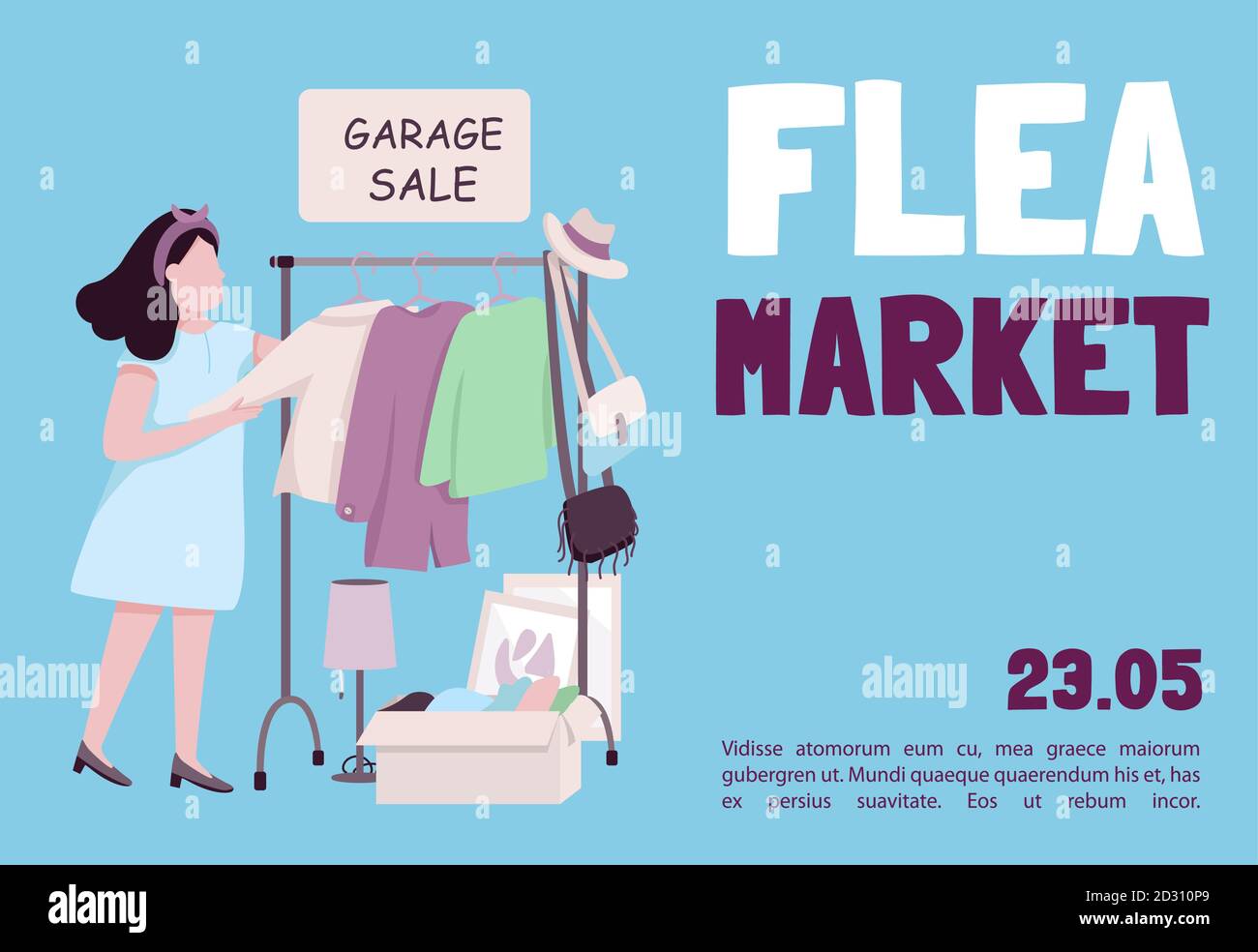 Modello vettore piatto banner mercato delle pulci. Brochure, poster concept design con cartoni animati. Acquistare vestiti di seconda mano e cose retrò. Garage Illustrazione Vettoriale