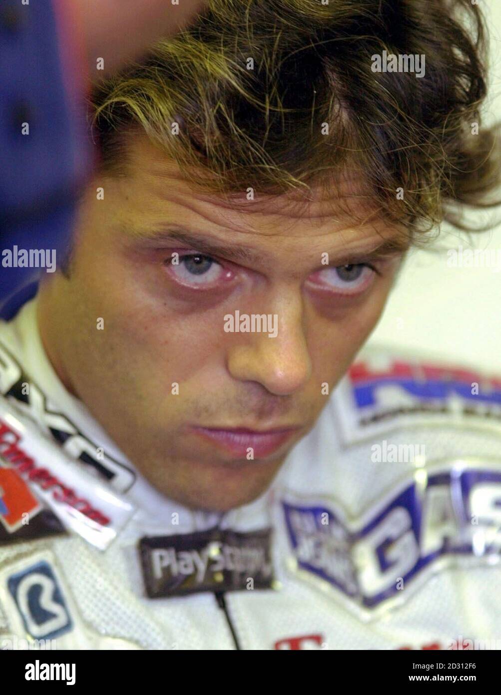 Il pilota italiano della 500cc Honda Loris Capirossi a Donnington, nella giornata del Gran Premio di Gran Bretagna. Foto Stock