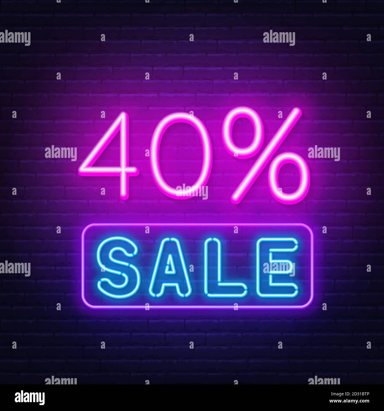 40% vendita neon segno su sfondo muro di mattoni. Illustrazione Vettoriale