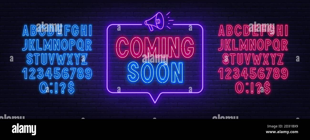In arrivo segno neon in discorso bolla cornice con megafono. Alfabeti al neon rossi e blu. Illustrazione Vettoriale