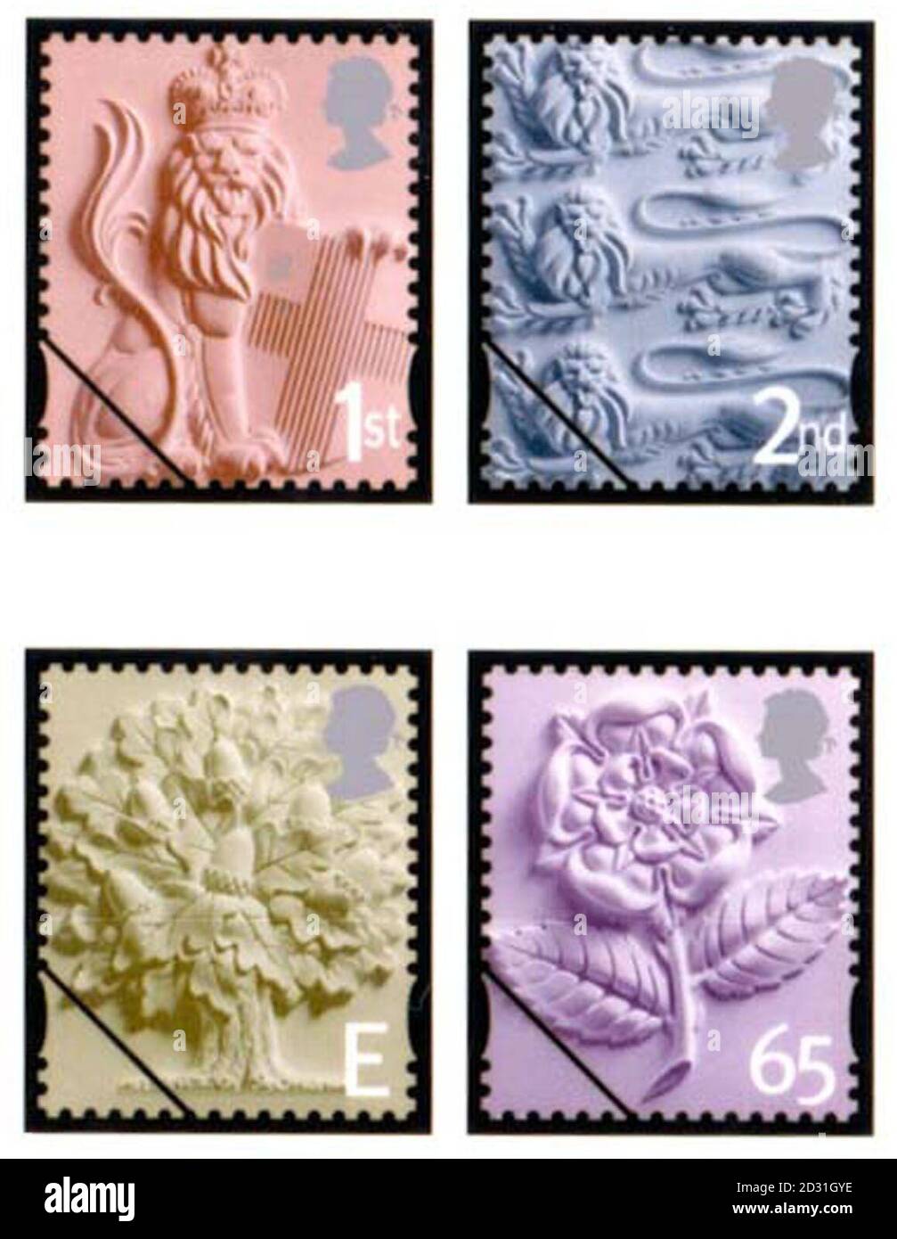 Nuovi francobolli 'country definitive' con Leone incoronato d'Inghilterra (1a classe), tre Leoni d'Inghilterra (2a classe), l'inglese Oak Tree (europeo) e l'inglese Tudor Rose (65p) che saranno in vendita il 23 2001 aprile, giorno di San Giorgio, sostituendo i francobolli definitivi standard. * in più di 14,000 uffici postali in tutta l'Inghilterra. Foto Stock