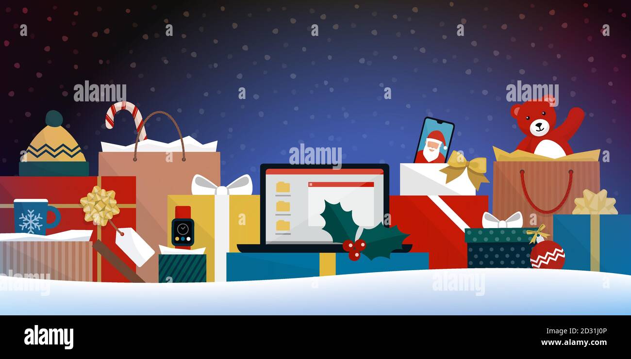 Molti regali di Natale e borse di shopping sotto la neve: Vendita promozionale di shopping di Natale Illustrazione Vettoriale