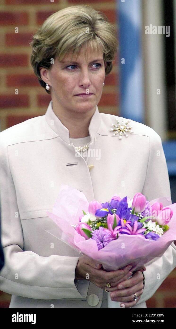 La contessa di Wessex, lasciando il Centro risorse per l'iniziativa sulla disabilità a Camberley. È lei e il primo impegno pubblico dell'Earl da quando sono emerse le accuse che Sophie era stato catturato in macchina fotografica, in un giornale 'sting'. * slinging senior Royals e leader politici. Quella che sarebbe stata una visita relativamente poco importante è diventata una frenesia mediatica quando la coppia reale è arrivata dalla loro casa vicina al Bagshot Park di Surrey. Foto Stock