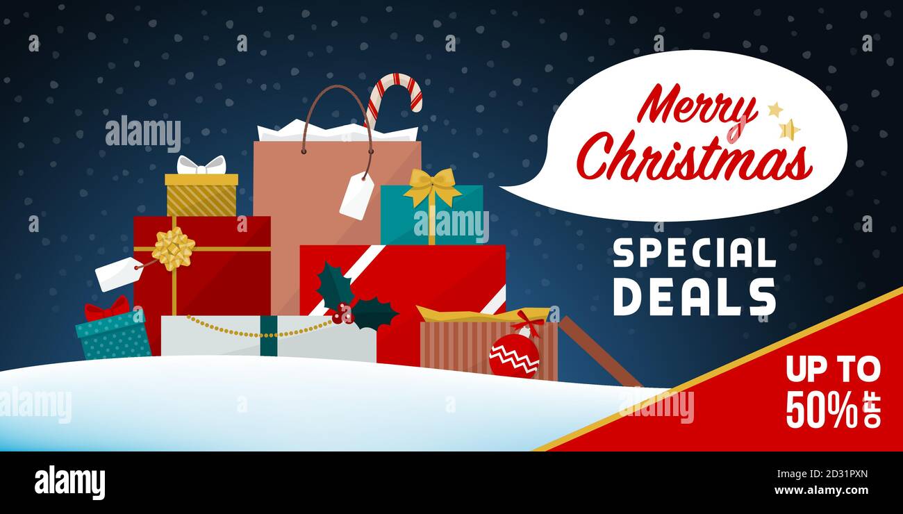Carico di regali di Natale e borse per la spesa sotto la neve: Vendita promozionale shopping di Natale Illustrazione Vettoriale