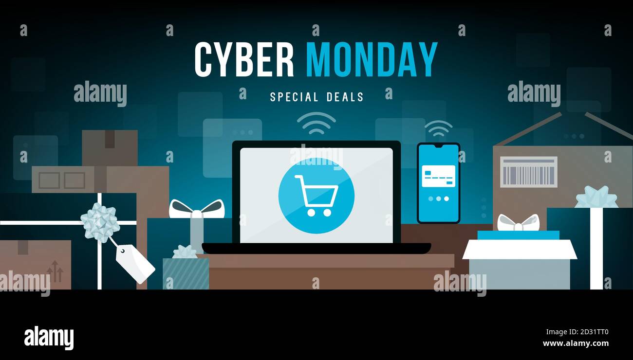Offerta promozionale online per il Cyber monday: E-shopping su notebook e smartphone circondato da un sacco di scatole di consegna e regali Illustrazione Vettoriale