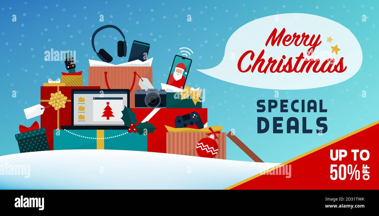 Vendita elettronica di acquisto di Natale: Lotti delle scatole di regalo e delle borse di shopping con i dispositivi elettronici ed i gadget Illustrazione Vettoriale