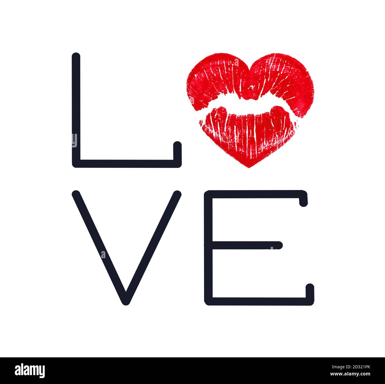 Carta San Valentino con stampa a labbro rosso a forma di cuore. San Valentino sfondo. Parola nera Amore e labbra rosse bacio isolato su sfondo bianco Foto Stock