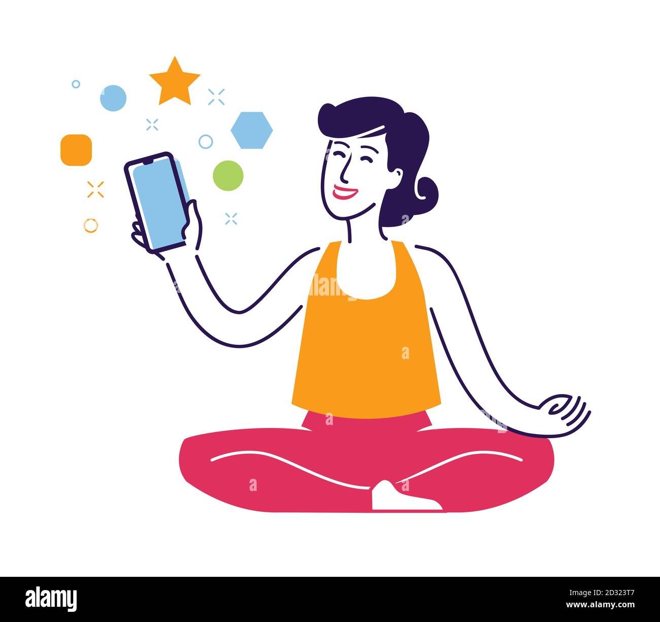 Giovane donna seduta in posizione lotus con smartphone in mano. Internet, simbolo dell'applicazione Web Illustrazione Vettoriale