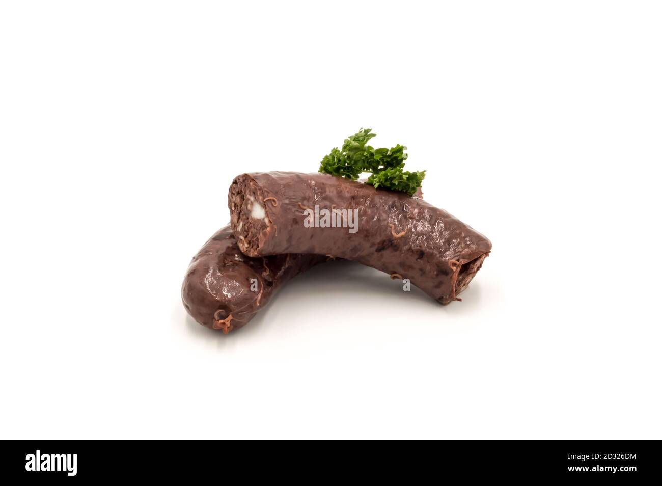 Black Pudding la morcilla isolato su un bianco di sfondo per studio. Foto Stock