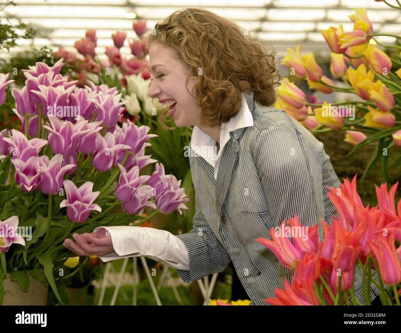 Chelsea Clinton tra i suoi tulipani fiori preferiti, durante il Chelsea Flower Show a Londra. Foto Stock