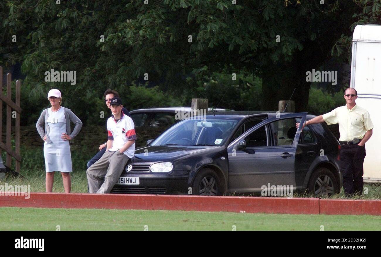 Il principe Harry si siede sul cofano della sua auto - seduto fuori sulla partita di polo che è il principe Carlo ed il fratello il principe William ha partecipato al randello di polo di Beaufort. Foto Stock