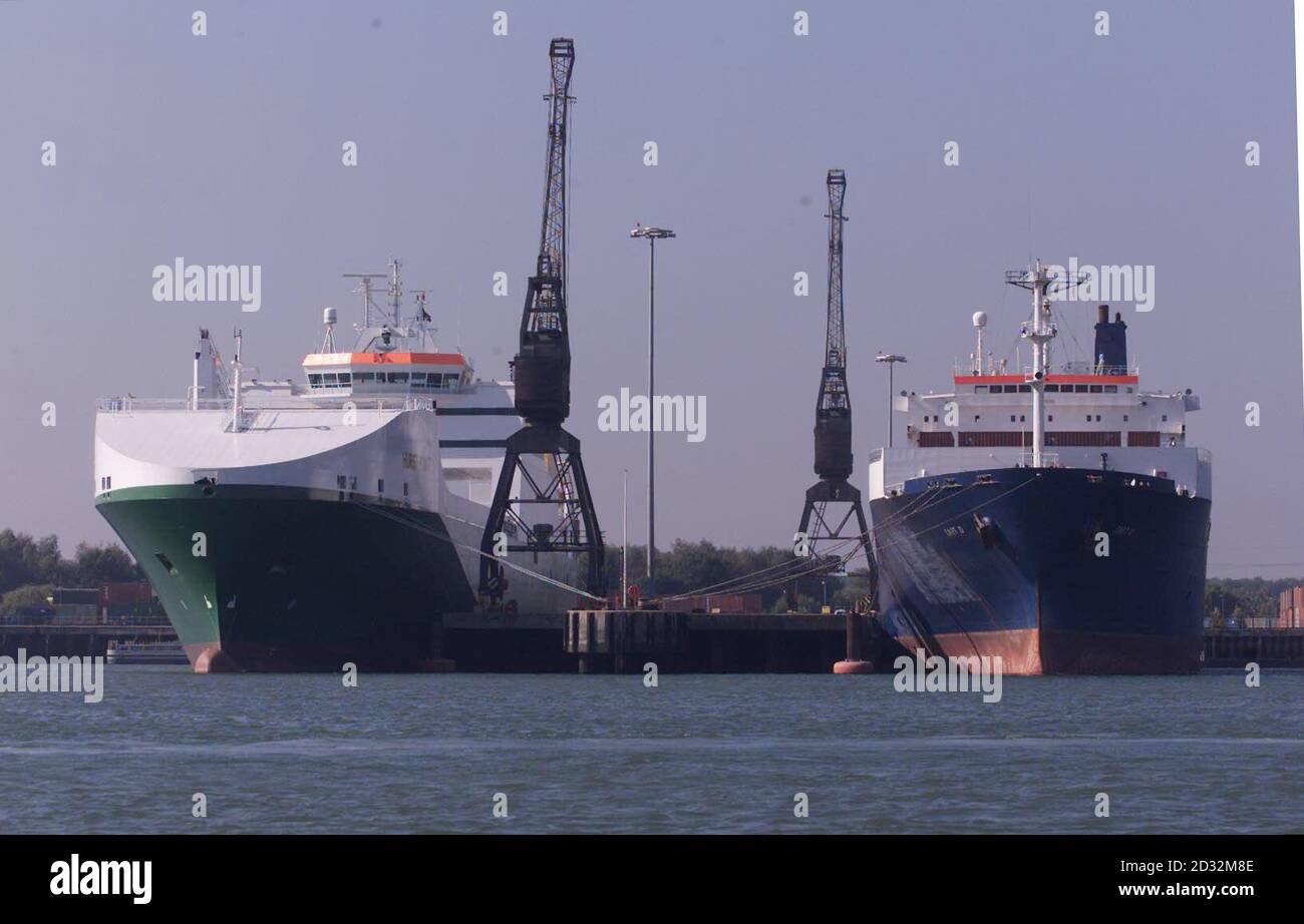 Vista generale delle navi portacontainer roll on/roll off presso l'Army's Sea Mounting Center di Marchwood, vicino a Southampton. I funzionari della difesa oggi hanno confermato che l'esercito britannico sta per lanciare un importante esercizio logistico, ma hanno negato che fosse una preparazione all'azione militare sull'Iraq. *Operation Log Viper vedrà fino a 6,000 truppe regolari e l'Esercito Territoriale riserva attrezzature di spostamento e forniture ad una base RAF a Suffolk e a Marchwood. Foto Stock