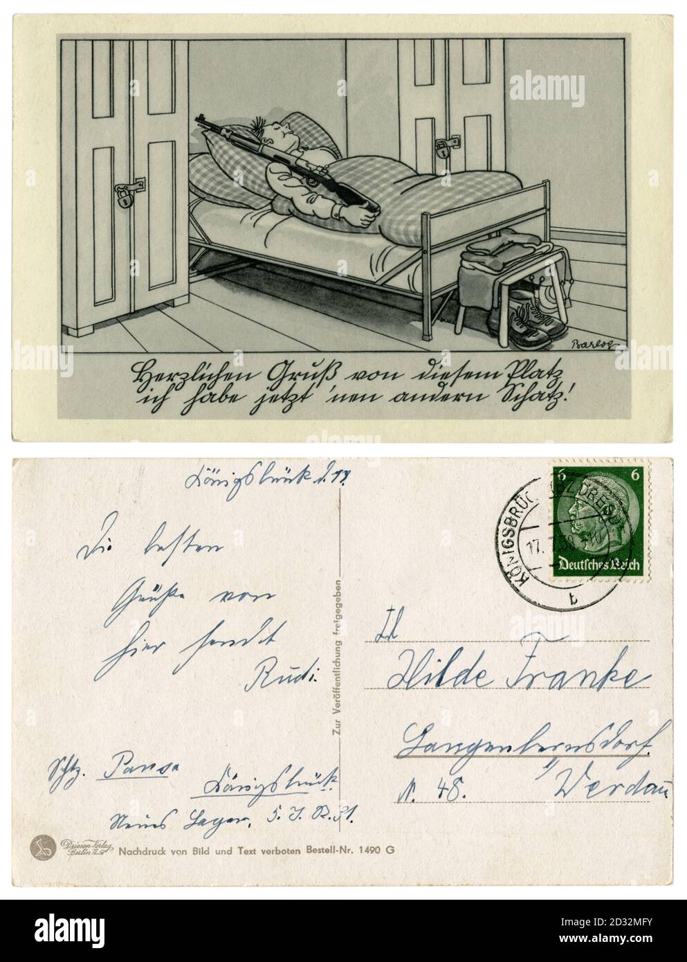 Cartolina storica tedesca: Il soldato è addormentato, il servizio è attivo. Dorme in servizio con un fucile nel suo letto, serie satirica, di Barlog, 1939 Foto Stock