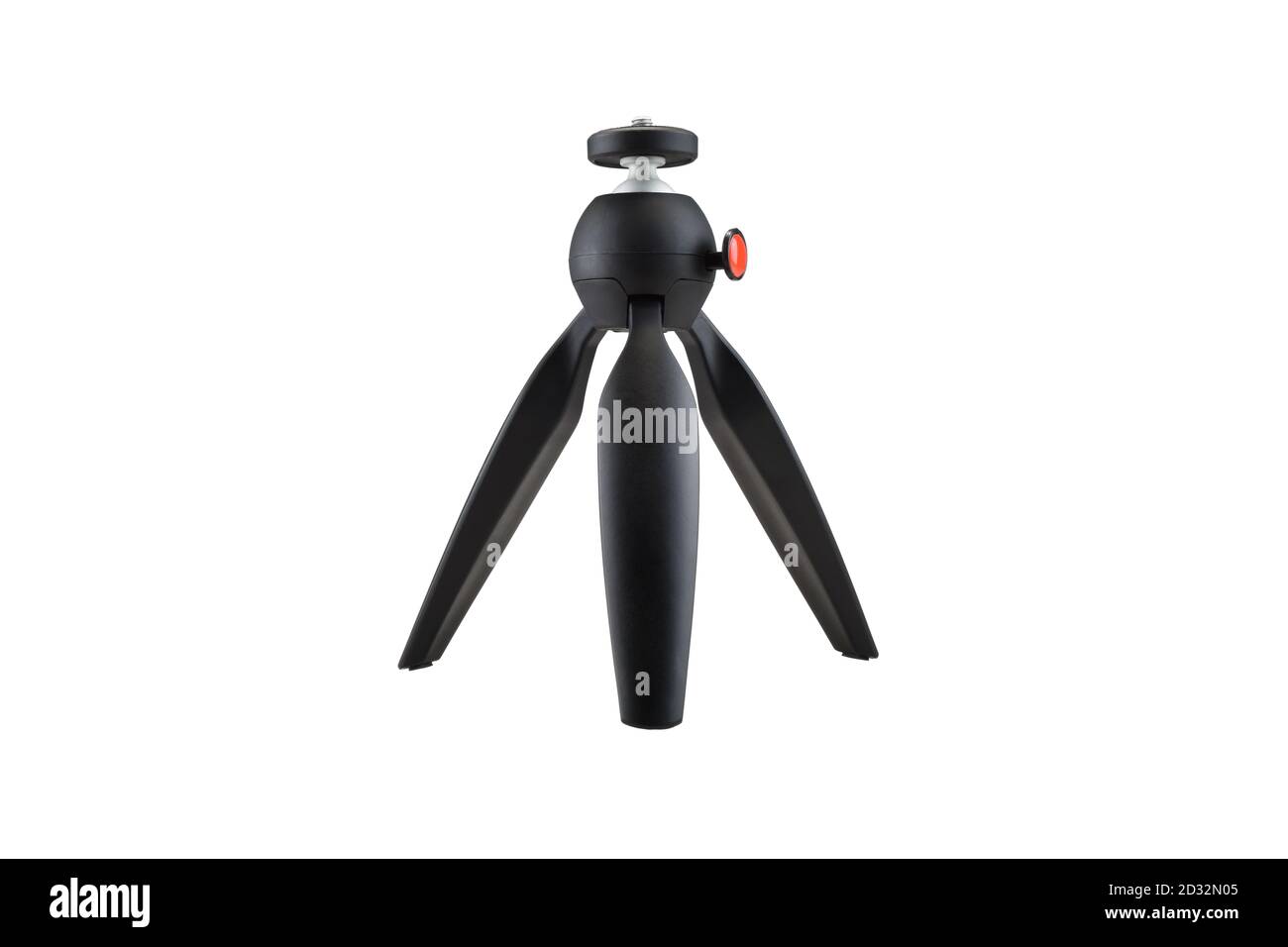 Treppiede nero isolato su sfondo bianco, mini treppiede per fotocamera DSLR, primo piano Foto Stock