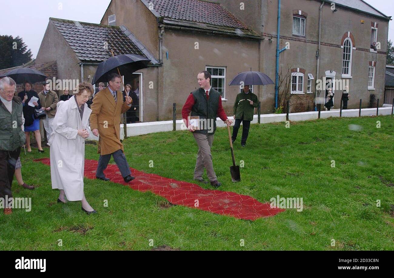 Il Principe del Galles cammina lungo il tappeto rosso, mentre visita la fattoria South Airmyn Grange a Goole, nello Yorkshire orientale, dove ha visto il bestiame e piantato un albero di mele. Il tappeto è stato posato in modo che il principe, che è in un tour di due giorni nello Yorkshire e nel North Lincolnshire, ha potuto camminare dalla casa dove aveva incontrato giovani agricoltori al frutteto per piantare l'albero. Foto Stock