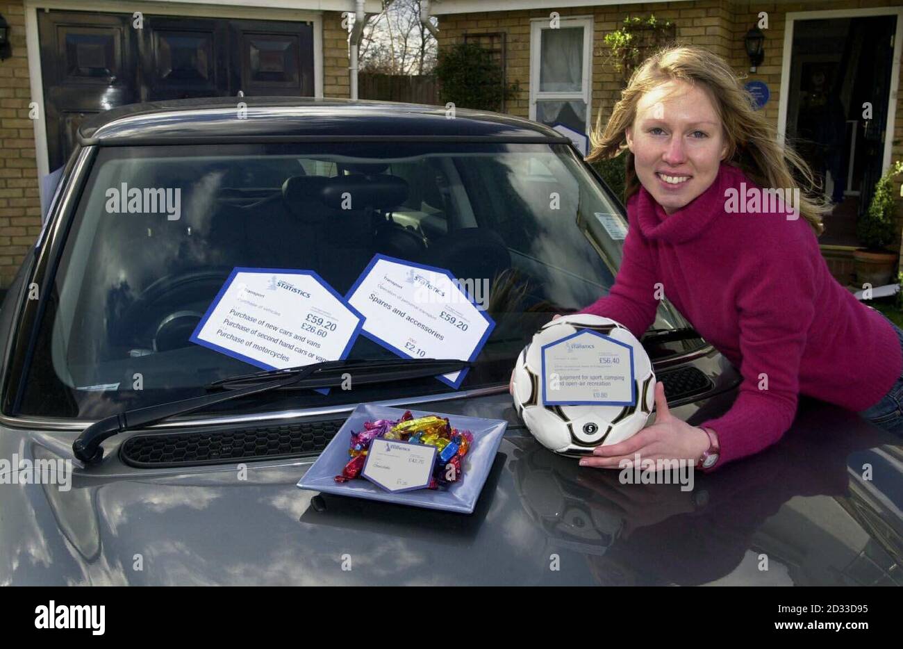 Consulente PR, Becky Biswell visualizza un'auto e il calcio, al di fuori di una casa statistica a Kingstone-upon-Thames per dare un vivo ripesentation di ciò che la famiglia media del Regno Unito spende i loro soldi su. Foto Stock
