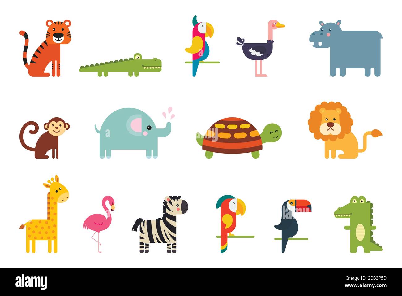 Insieme di popolari animali tropicali vettoriali colorati e uccelli Illustrazione Vettoriale