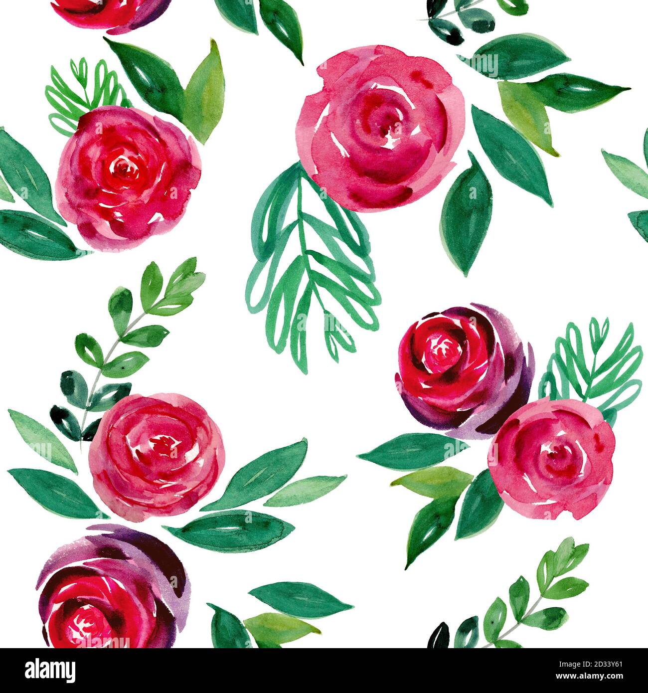 Motivo floreale senza cuciture acquerello. Rose acquerello rosse e rosa con foglie. Texture floreale vintage dipinta a mano su sfondo bianco. Boccioli rotondi Foto Stock