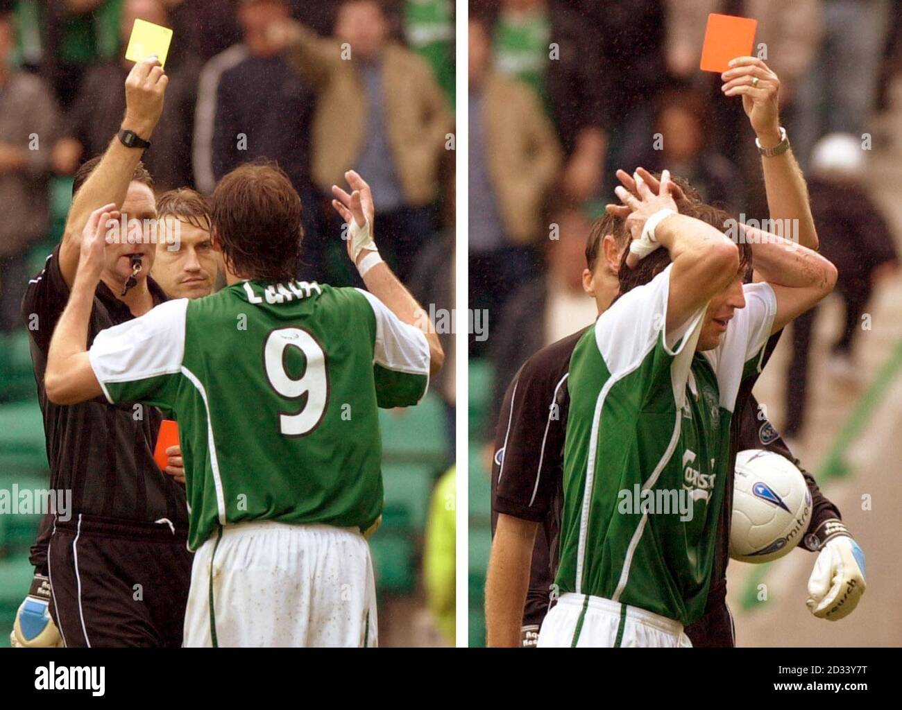 (Foto a sinistra) Paco Luna di Hibernian riceve la sua seconda carta gialla dall'arbitro Hugh Dallas (foto a destra) seguita dalla carta rossa per una mano di Dio in stile Maradona durante la partita della Bank of Scotland Premier League allo stadio Easter Road di Hibernian, Edimburgo, Scozia. Foto Stock