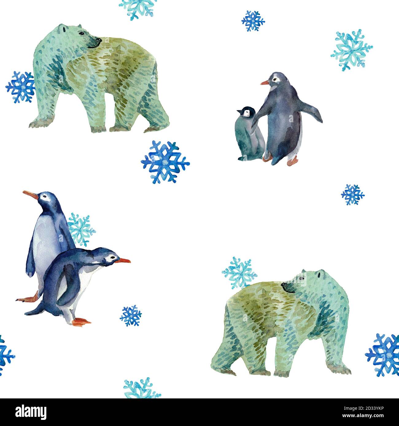 Motivo senza giunture acquerello con orsi polari bianchi e pinguini. Animali invernali con fiocchi di neve. Colori freddi. Design per l'arredamento di Capodanno, coperture, Foto Stock