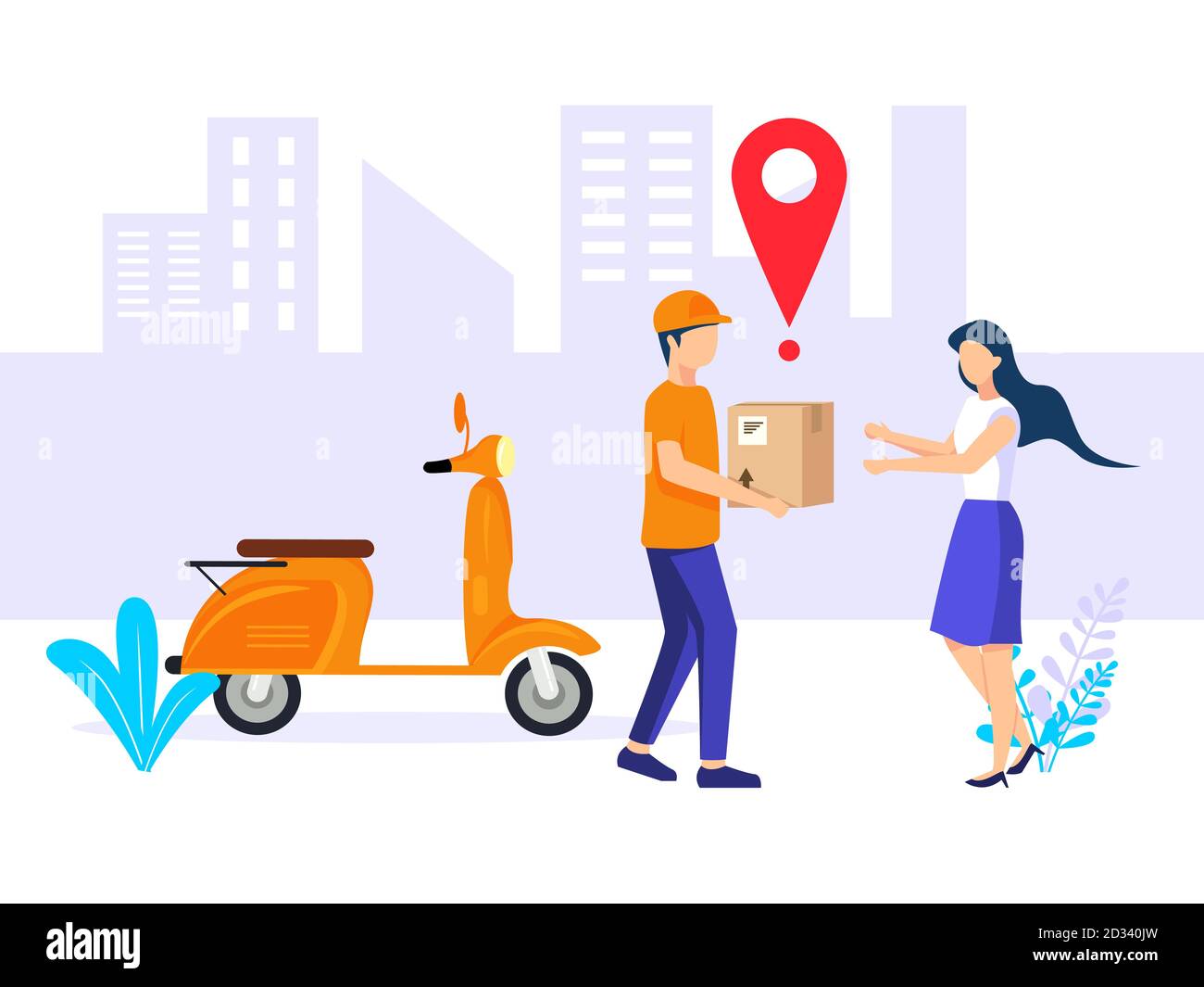 Consegna rapida. I corrieri consegnano ai clienti la consegna gratuita di merci o pacchi postali sugli scooter. Illustrazione vettoriale in stile piatto Illustrazione Vettoriale
